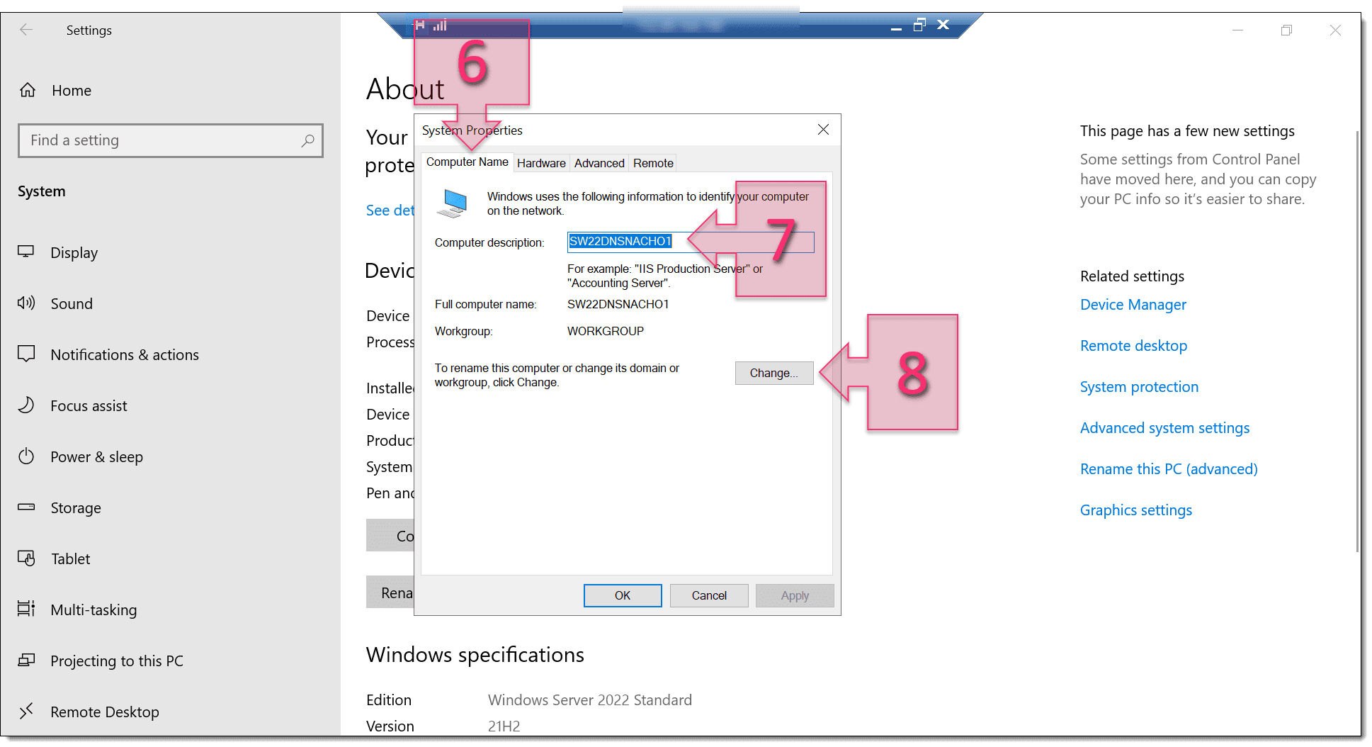On the Computer Name tab, provide a description and click on Change...