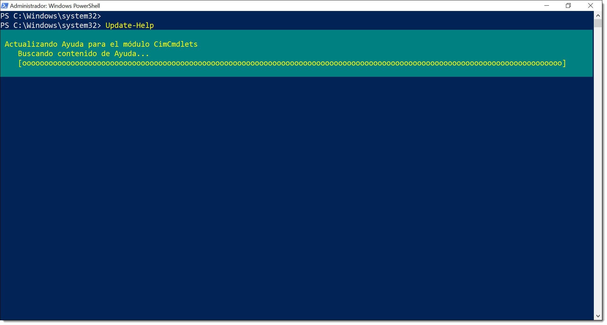 Imagen. Actualización de la ayuda de PowerShell con el comando Update-Help