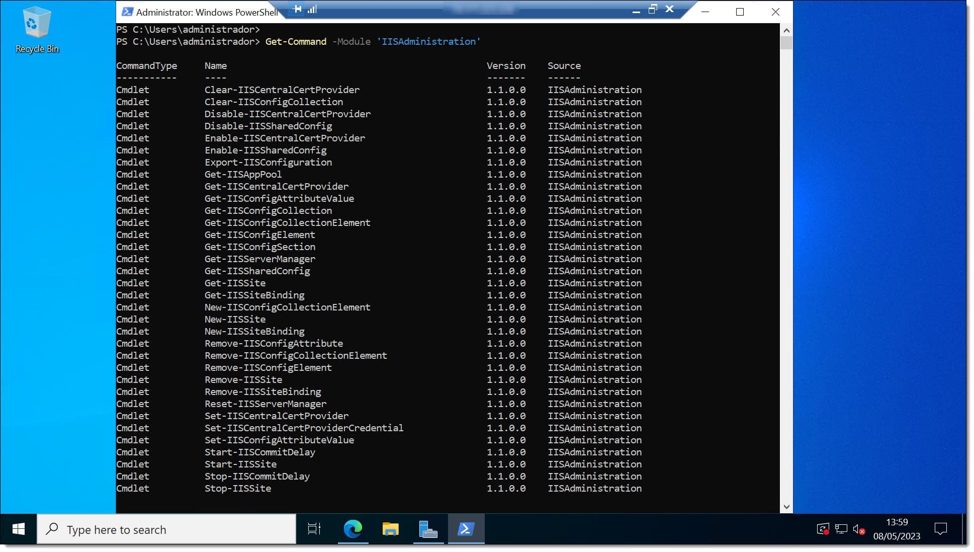 Imagen. Comprobamos los comandos de PowerShell relacionados con IIS