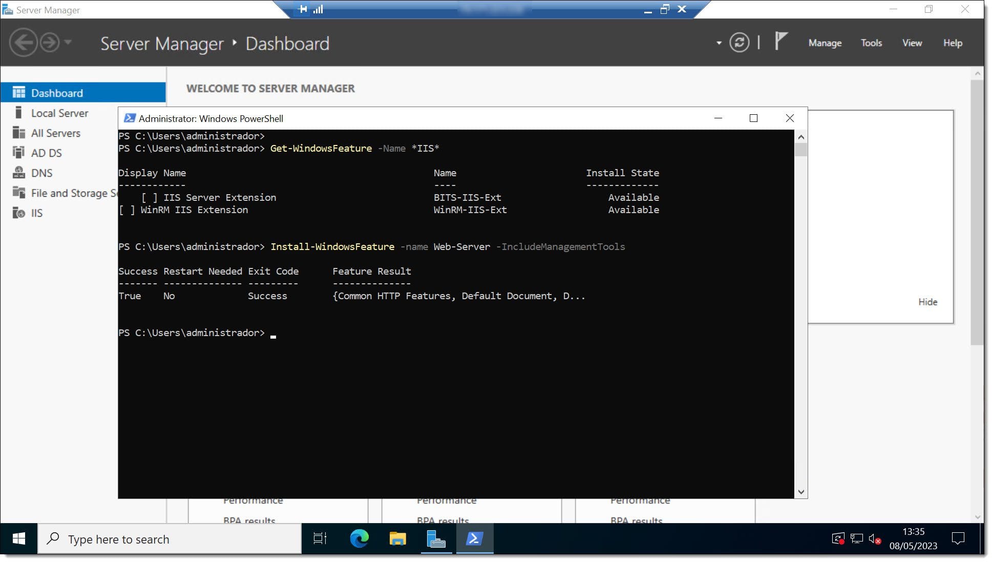 Imagen. Comprobamos si está instalado IIS y lo instalamos mediante PowerShell