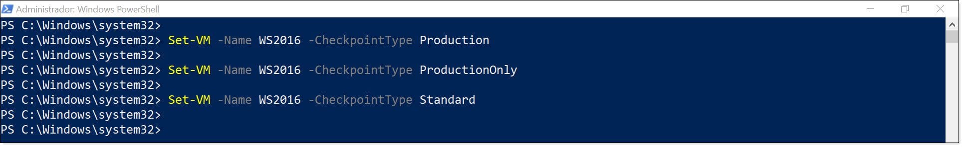 Imagen. Configuramos el tipo de puntos de control de una VM de Hyper-V mediante PowerShell