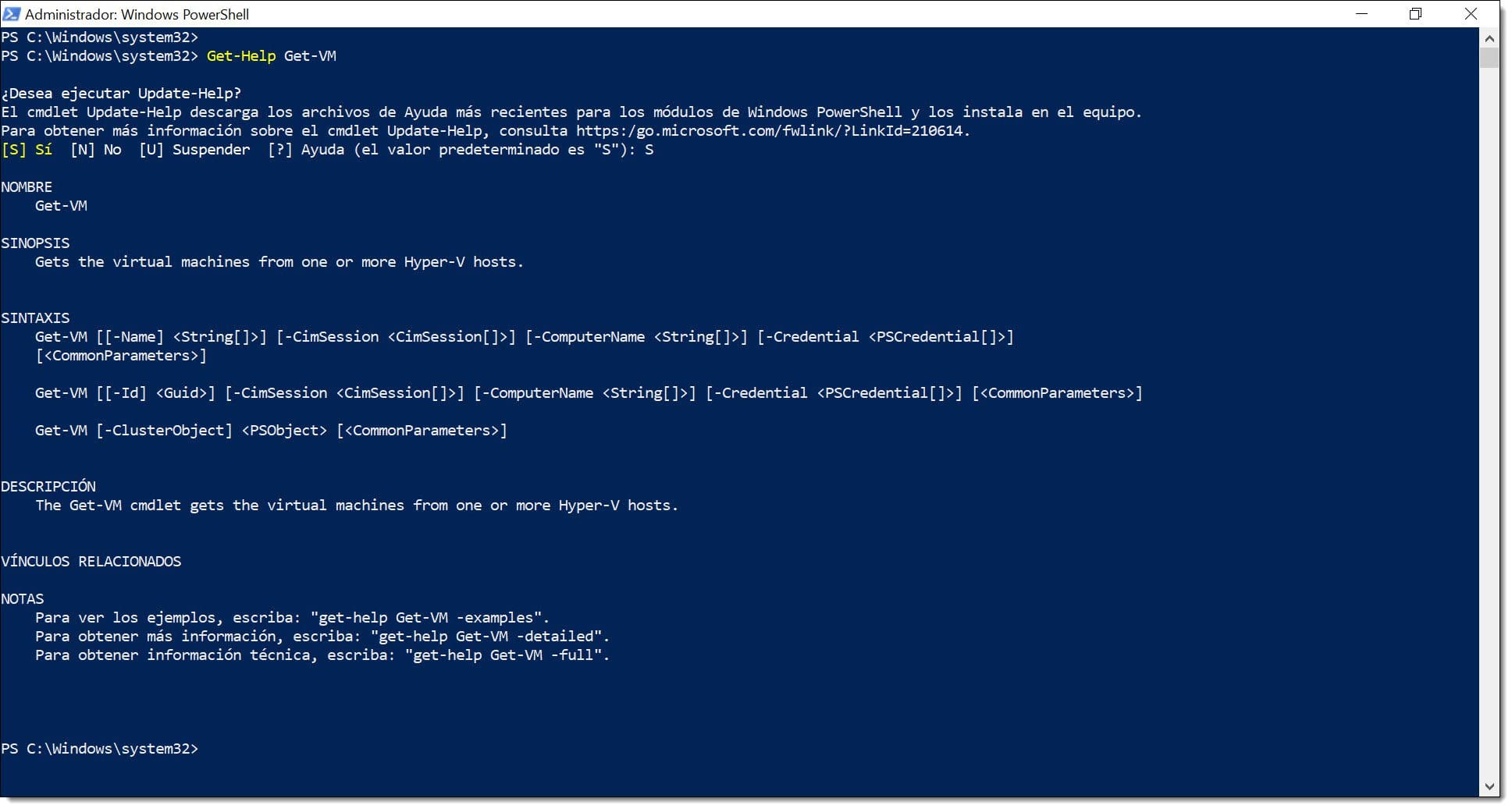 Imagen. Consulta de la ayuda de Get-VM
