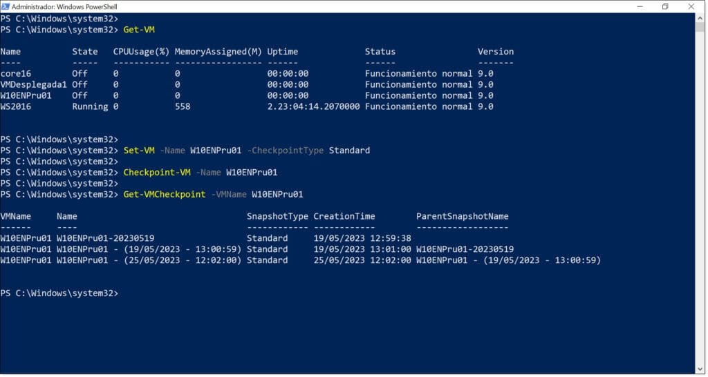 Uso de PowerShell para la gestión de puntos de control en Hyper-V