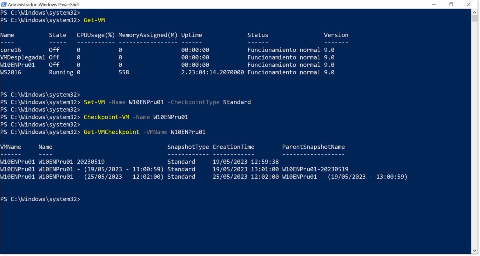 Uso de PowerShell para la gestión de puntos de control en Hyper-V