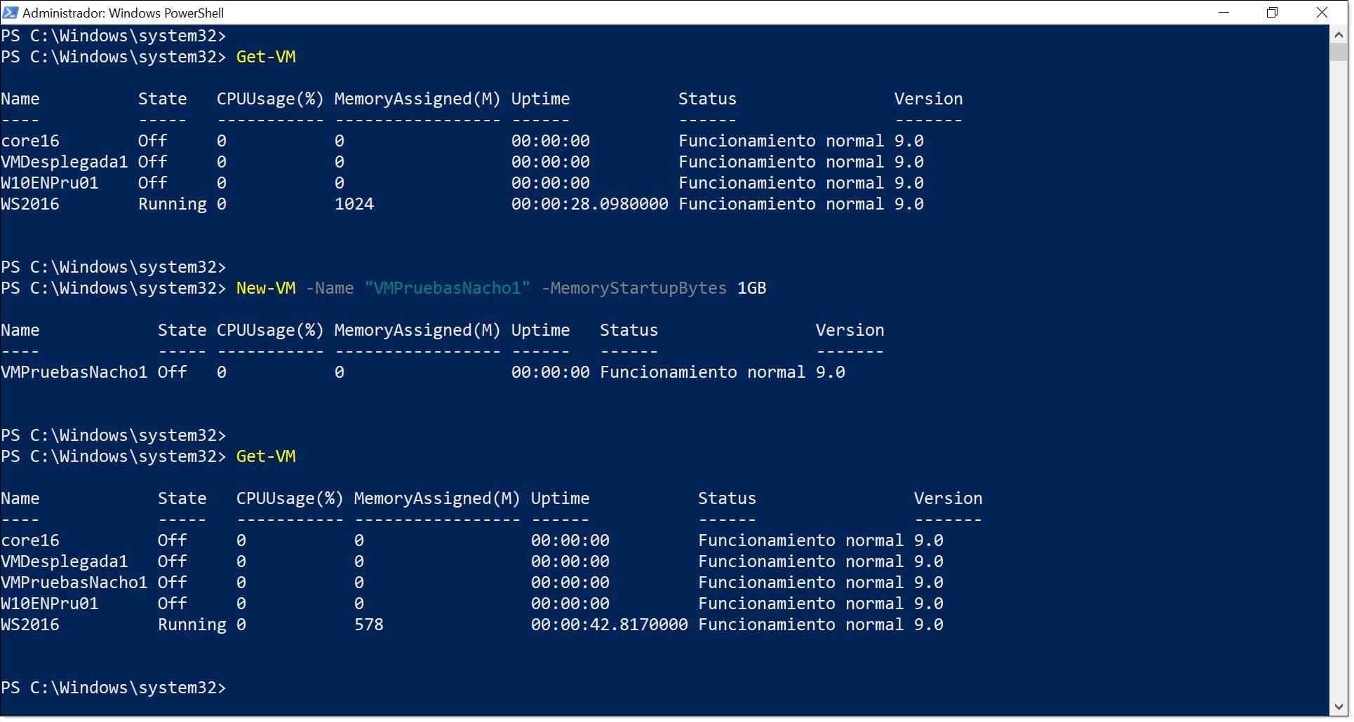 Imagen. Ejemplo de comandos de PowerShell para el despliegue de una VM en Hyper-V Server más o menos sencilla