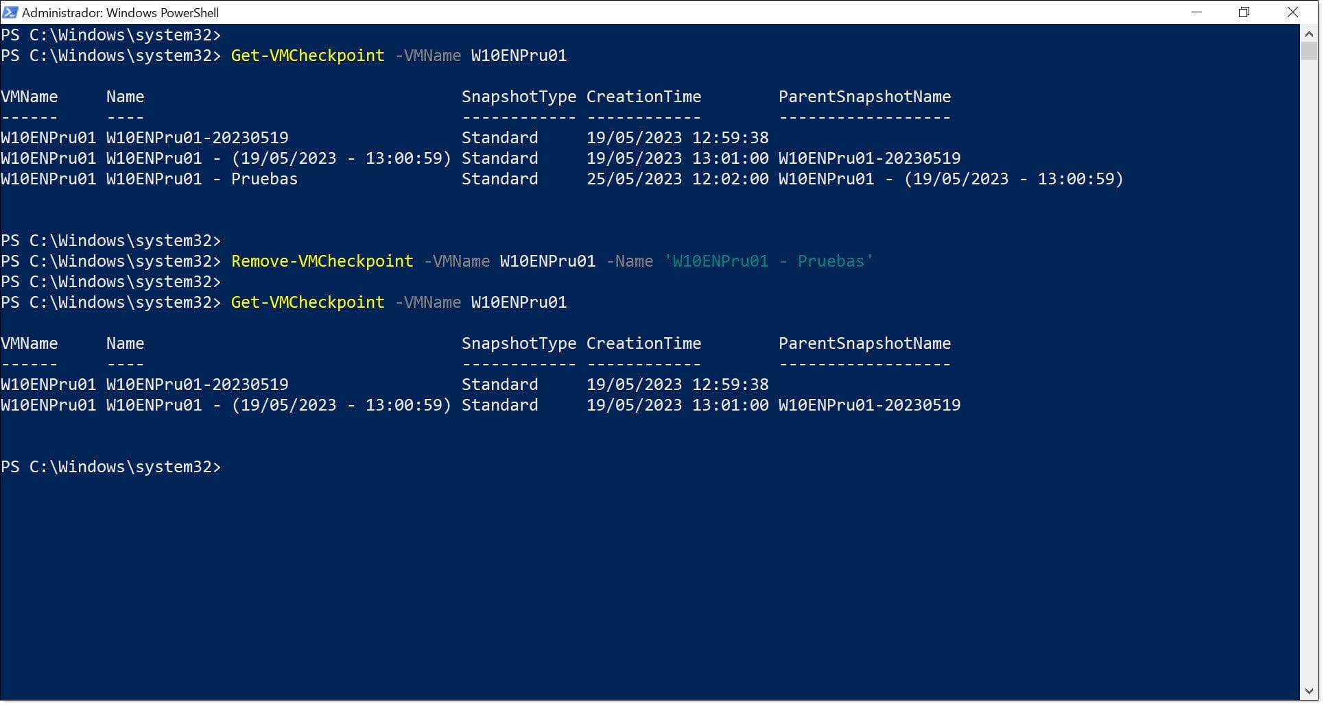 Imagen. Eliminamos un punto de control de una VM de Hyper-V mediante PowerShell