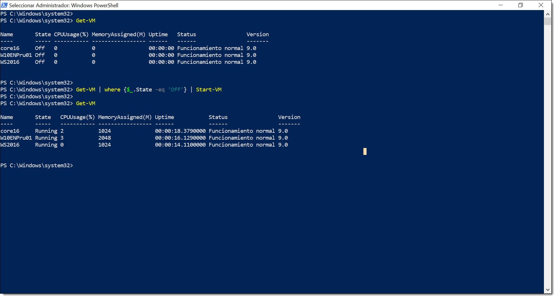 Imagen. Encendido de máquinas virtuales de Hyper-V mediante PowerShell