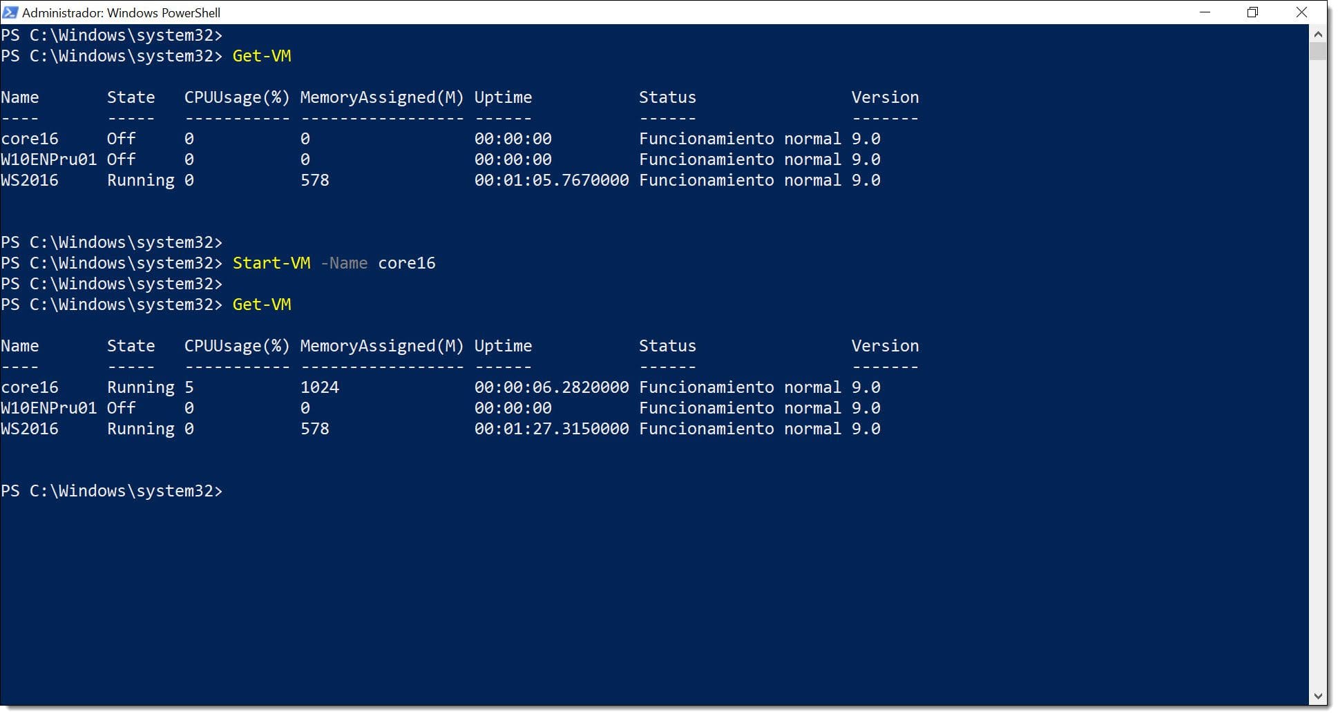 Imagen. Encendido de una VM de Hyper-V mediante PowerShell