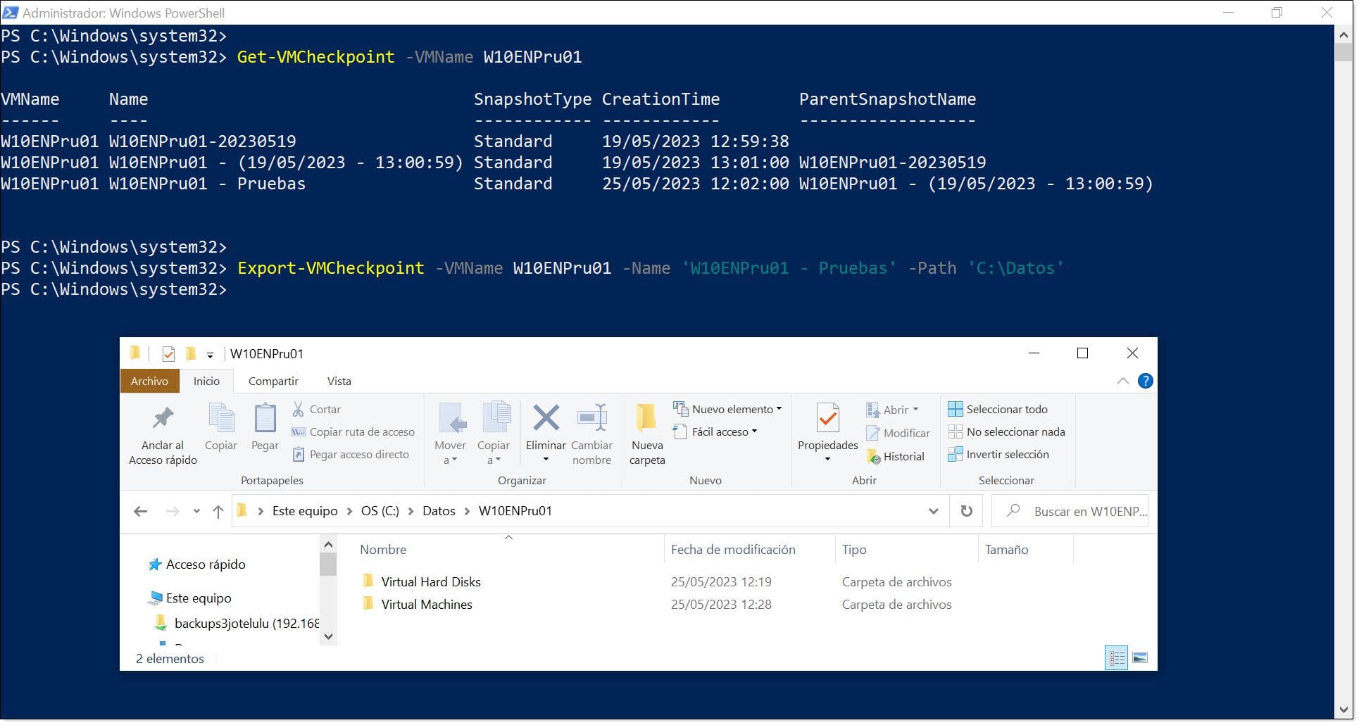 Imagen. Exportamos un punto de control de una VM de Hyper-V con PowerShell