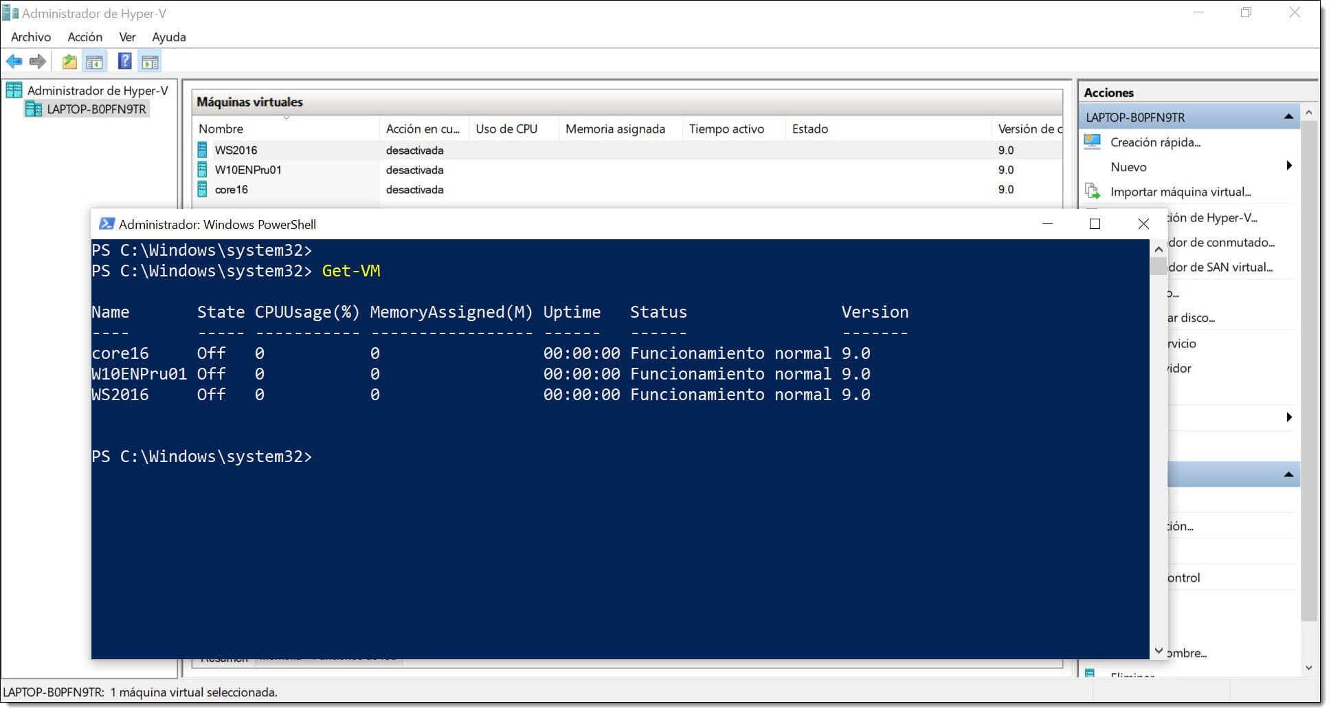 Imagen. Listado de las máquinas virtuales disponibles en el servidor de Hyper-V con Powershell