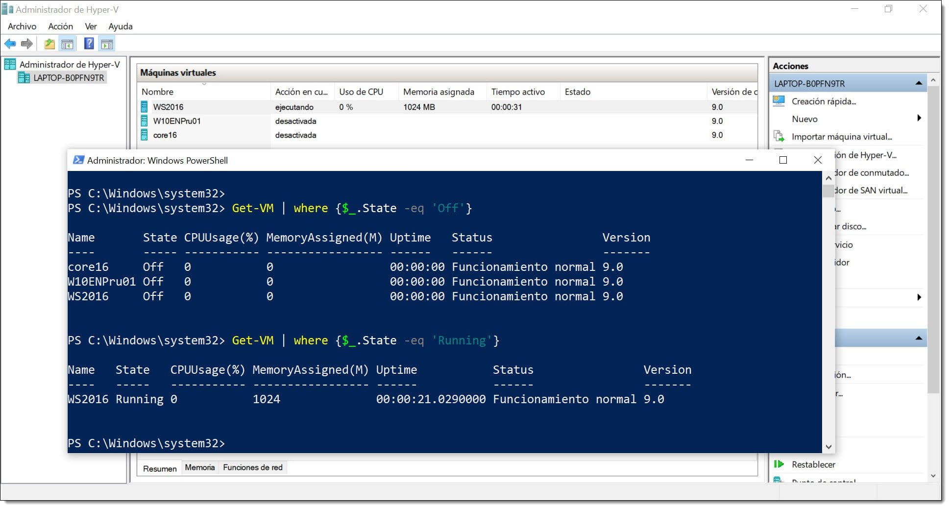 Imagen. Listado de las máquinas virtuales encendidas y apagadas en el servidor de Hyper-V con Powershell