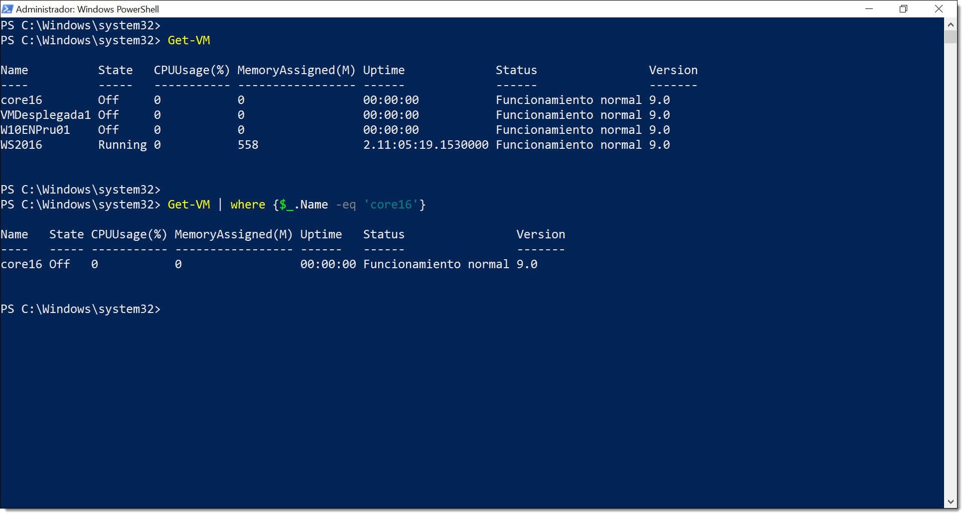 Imagen. Mostrando una VM en el servidor de Hyper-V en función del nombre con Powershell