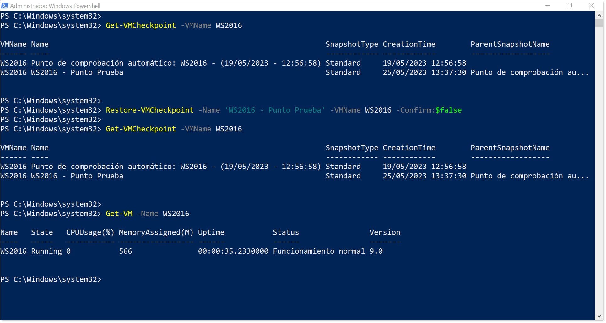 Imagen. Recuperamos un punto de control de una VM de Hyper-V mediante PowerShell