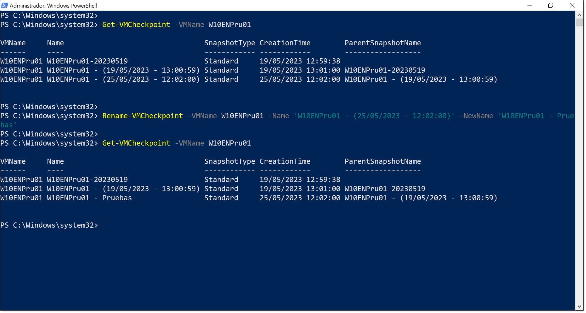 Imagen. Renombramos un punto de control de una VM de Hyper-V con PowerShell