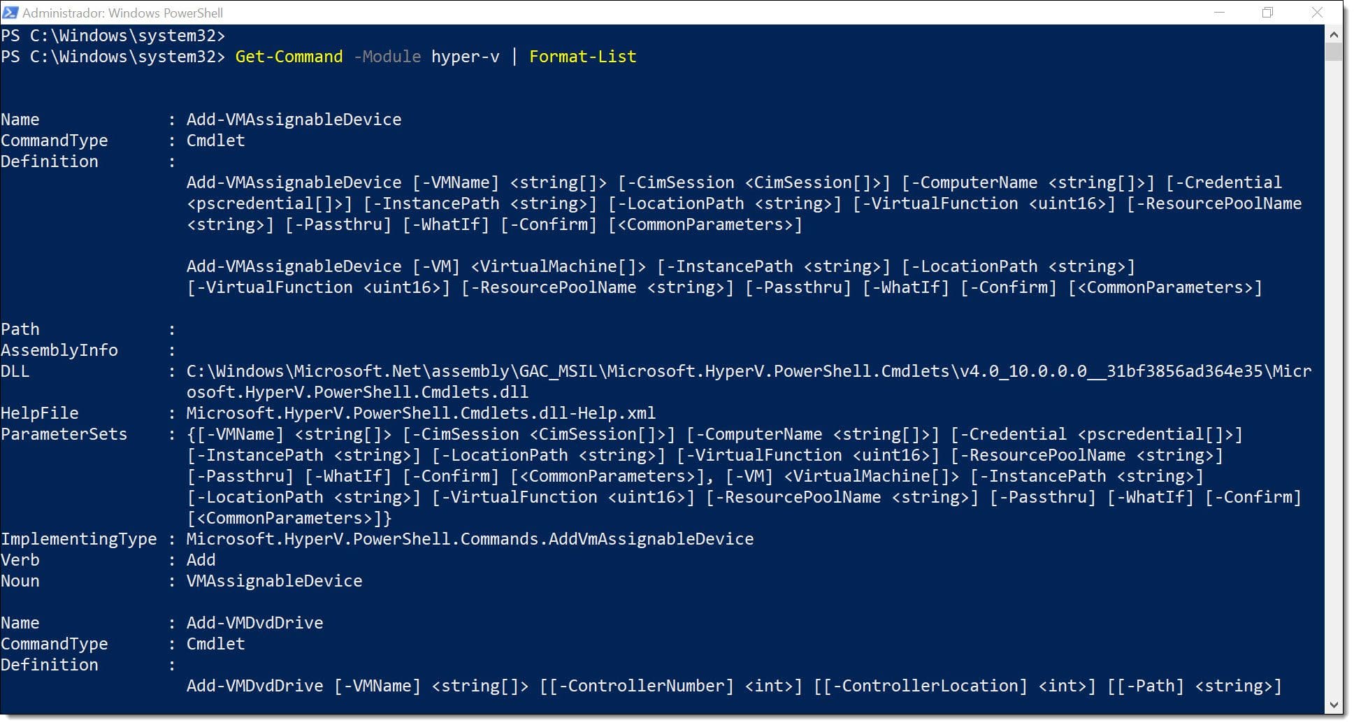 Imagen. Visualización de los módulos de Hyper-V en formato de lista