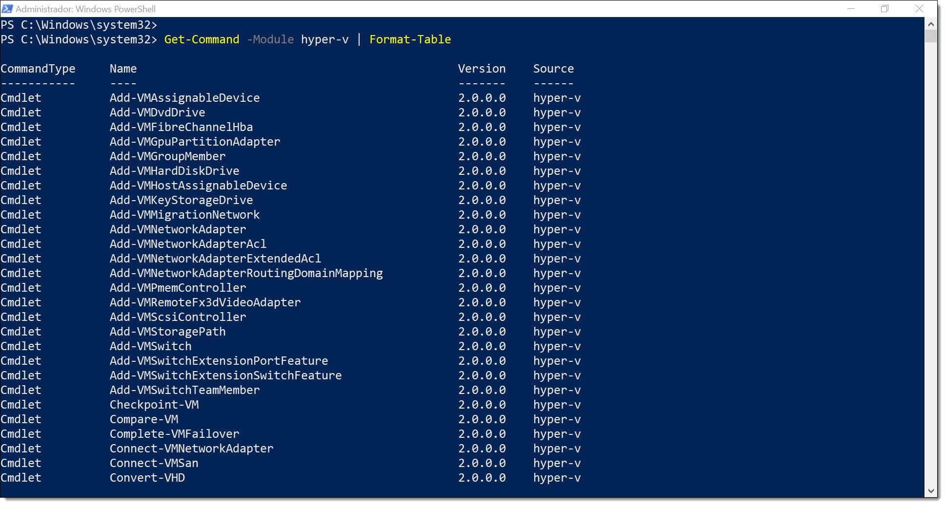 Image - Hyper-V commands in a table format