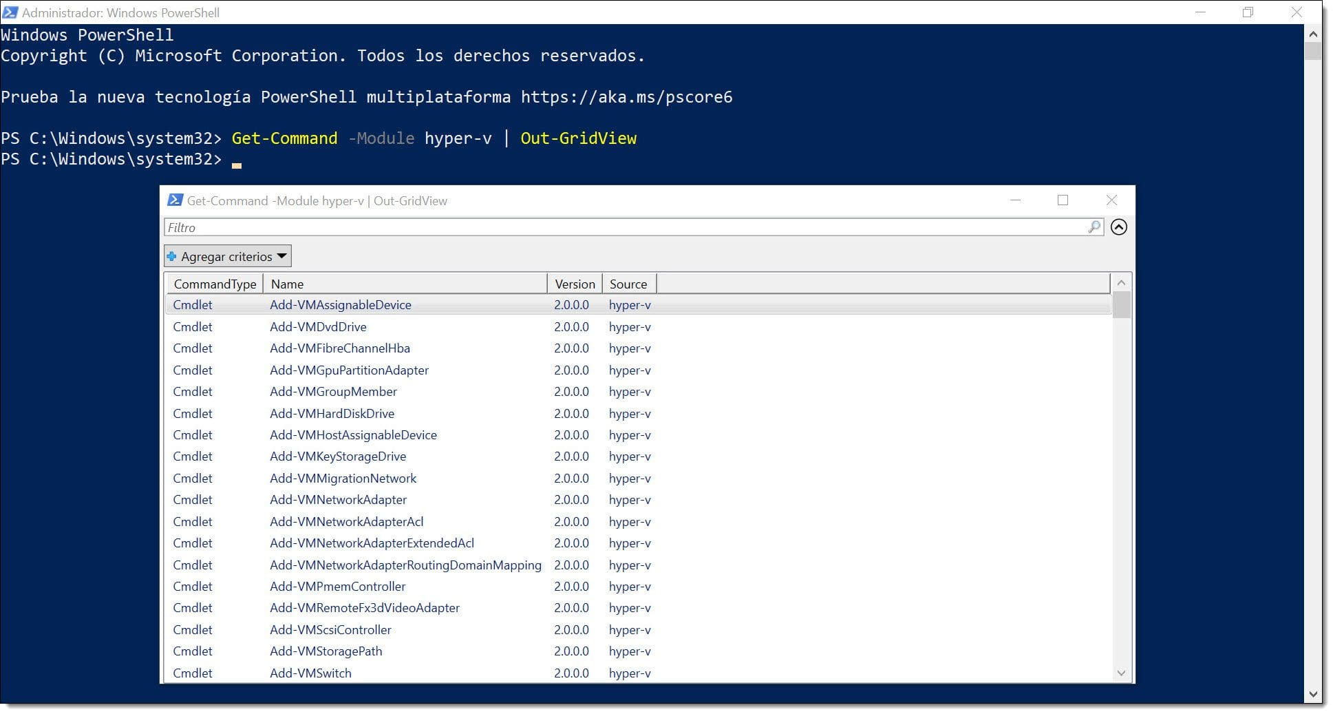 Imagen. Visualización de los módulos de Hyper-V en ventana emergente