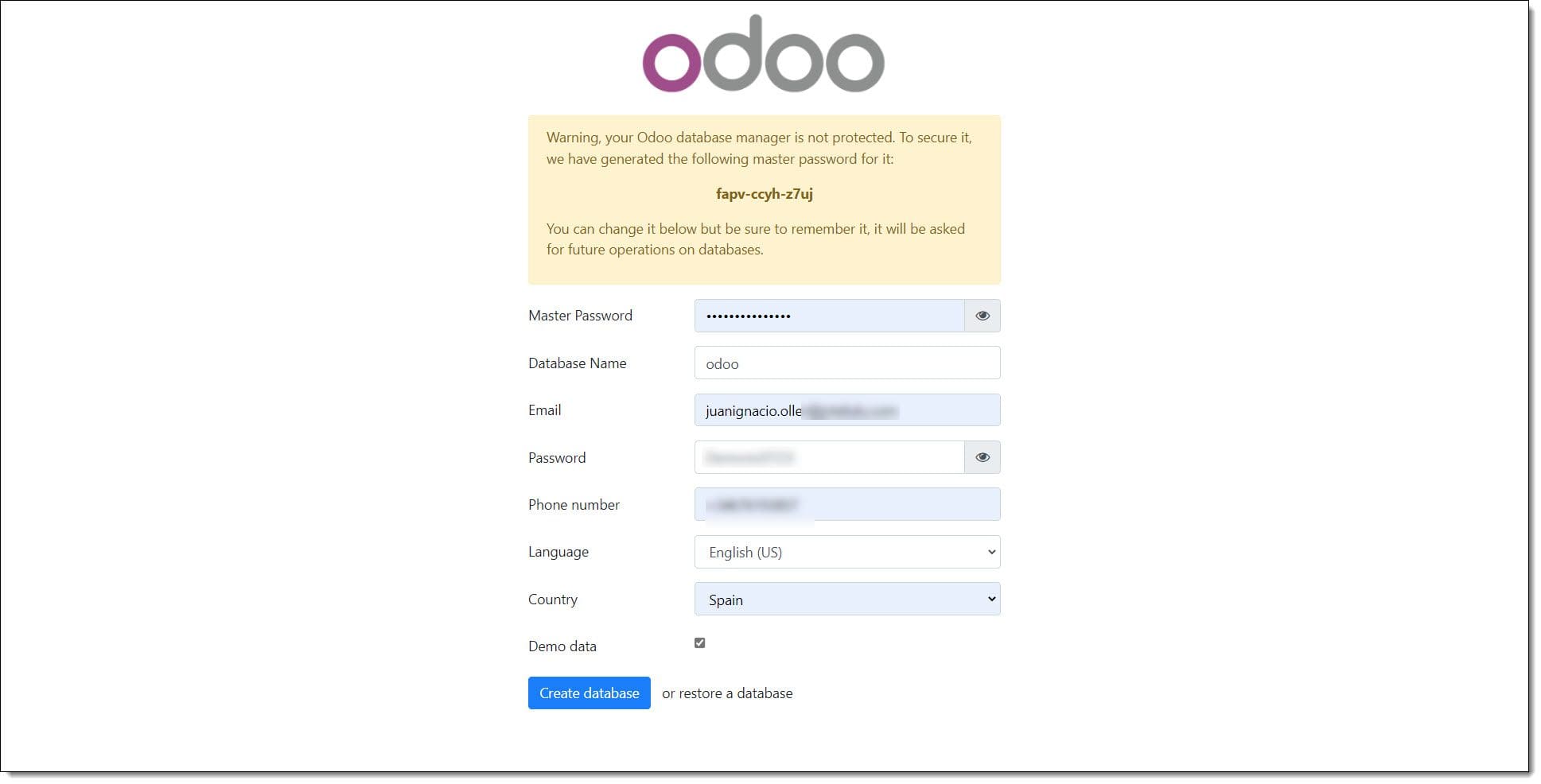 Part 5 - Odoo start screen with configuration data filled in