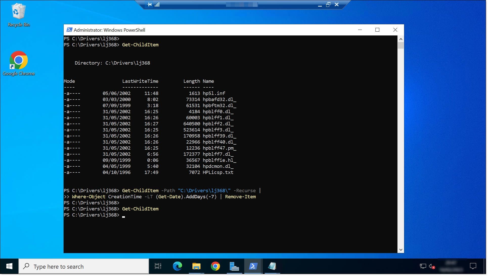 Imagen. Revisión y eliminación de los ficheros más antiguos mediante scripts de PowerShell