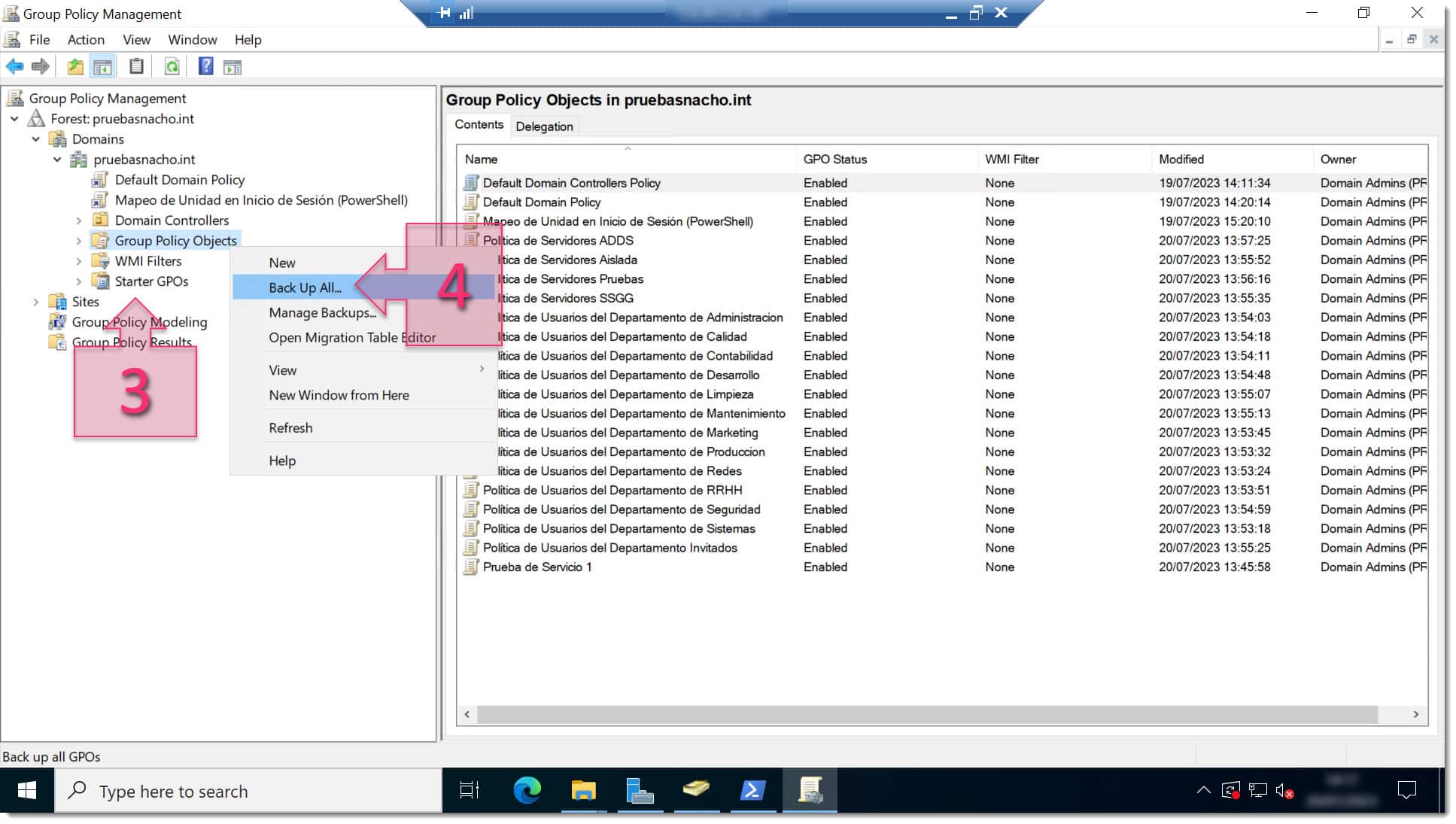 Paso 1. Desplegaremos el árbol de GPM hasta Gropu Policy Object y lanzaremos la copia de todas las GPO