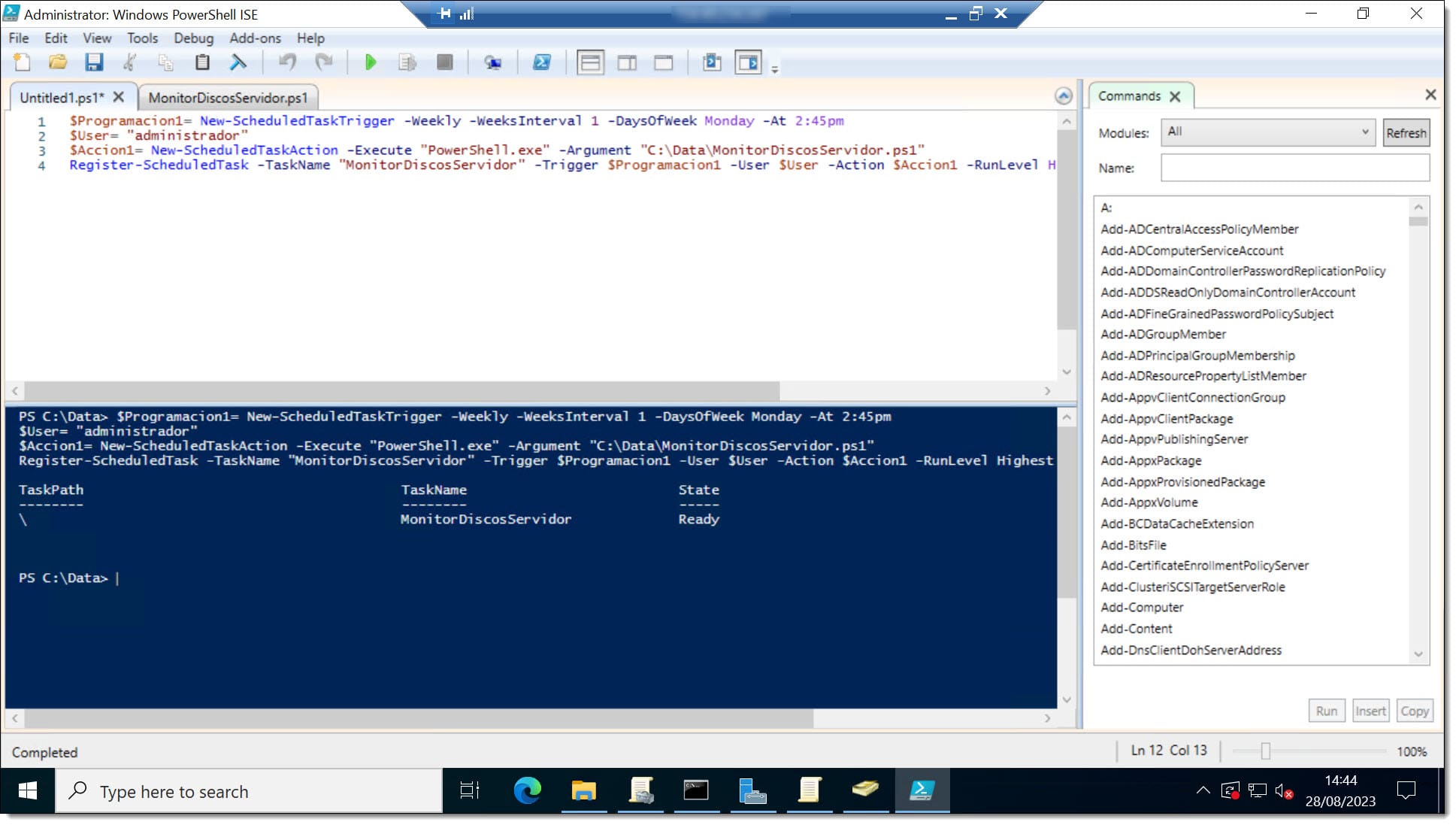 Imagen. Damos de alta la tarea programada para lanzar un script PowerShell