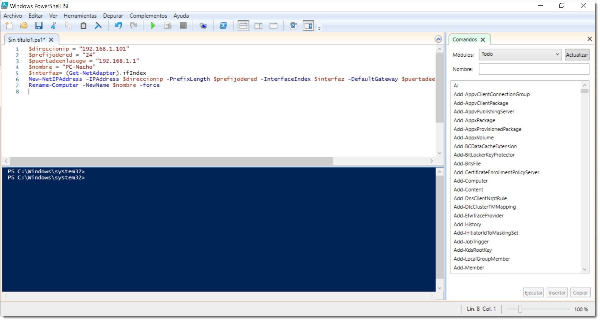 Imagen. Vista completa del script de asignación de datos de red y nombre mediante script de PowerShell