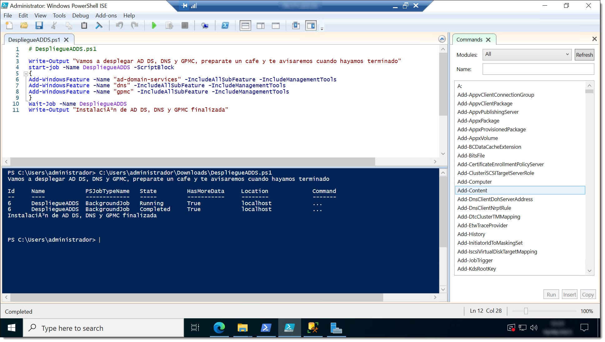 Paso 1. Ejecución del script DespliegueADDS.ps1 en PowerShell ISE