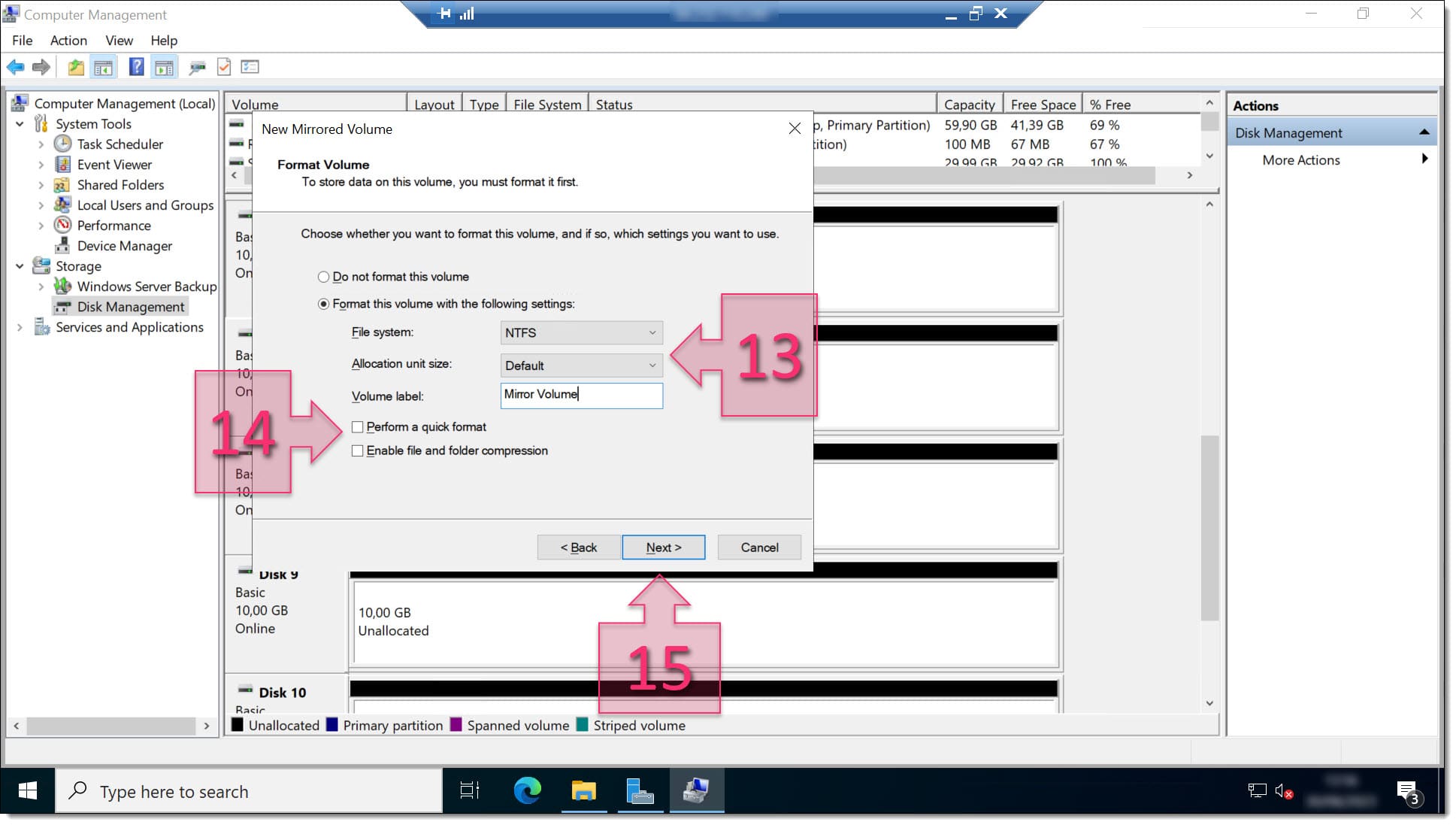 Paso 1. Seleccionamos filesystem y damos nombre al Mirror Volume (RAID 1 de discos)