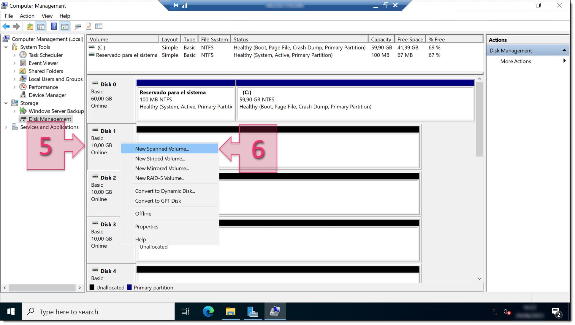 Screenshot of disk options available on Computer Management console