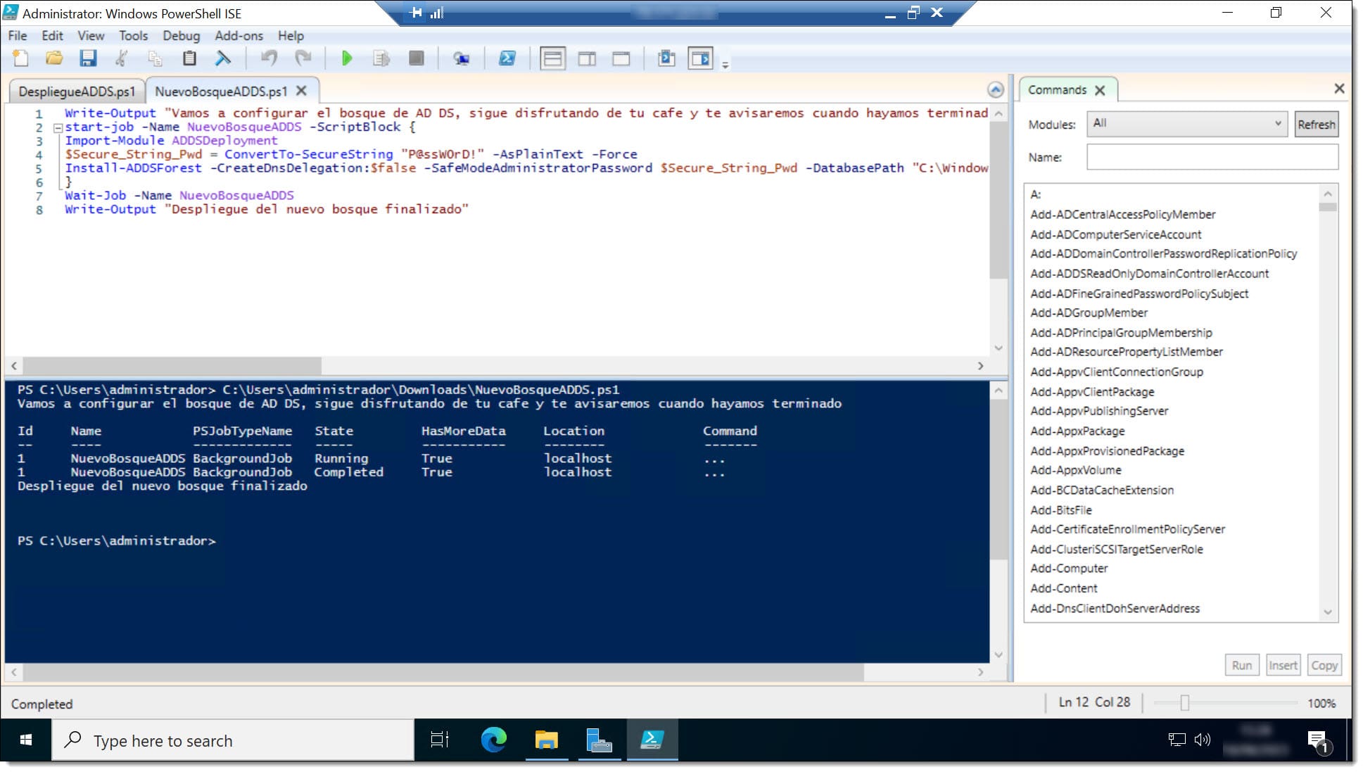 Paso 2. Ejecución del script NuevoBosqueADDS.ps1 en PowerShell ISE bosque AD DS script PowerShell