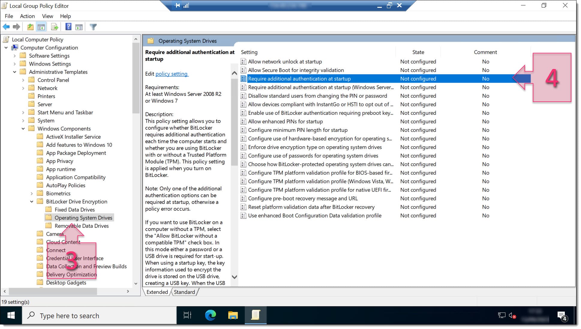 Paso 1. Accedemos a la ruta donde configuraremos las opciones de Bitlocker sin TPM