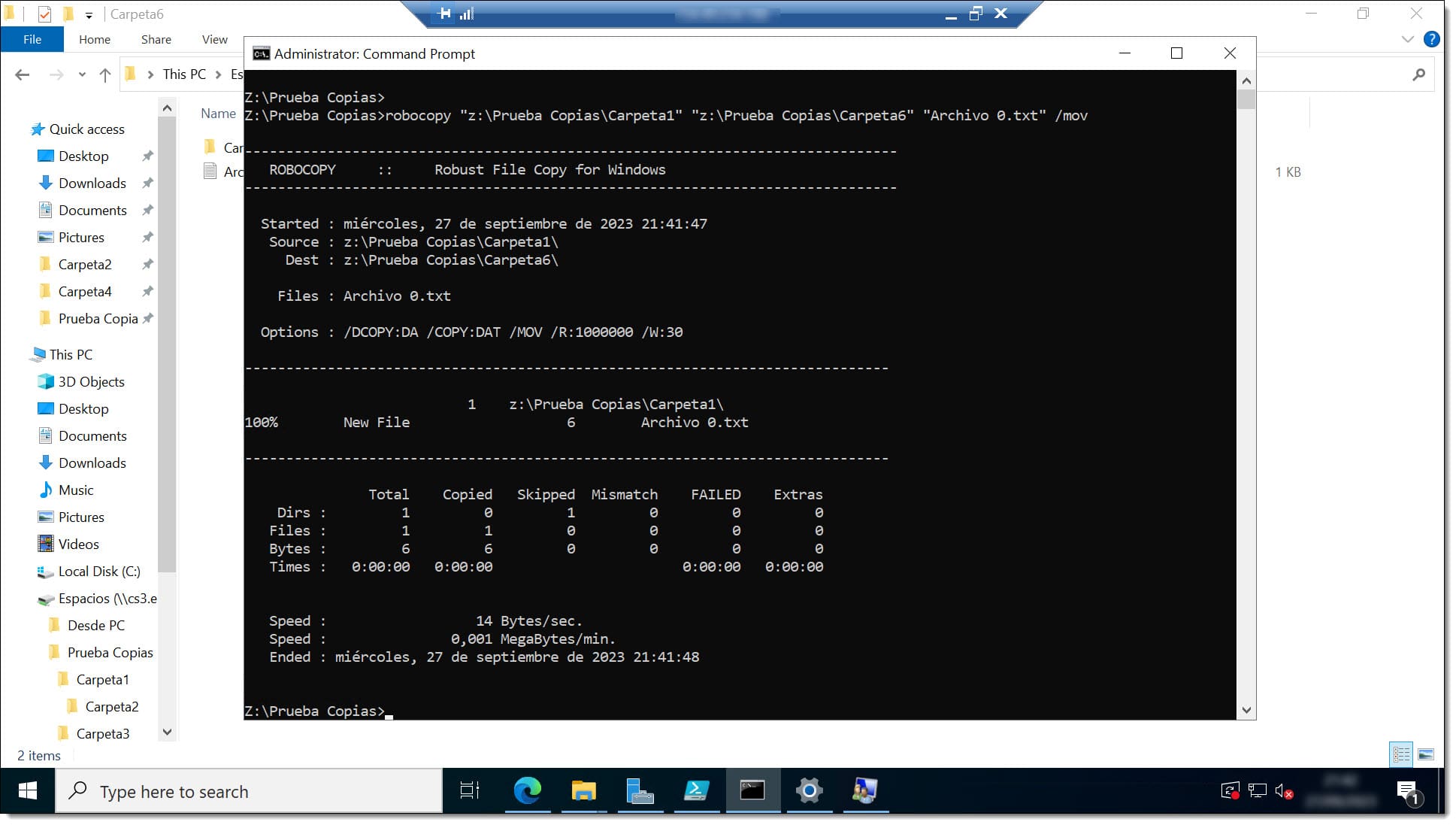 Imagen. Ejemplo de uso de Robocopy en las pruebas de copia