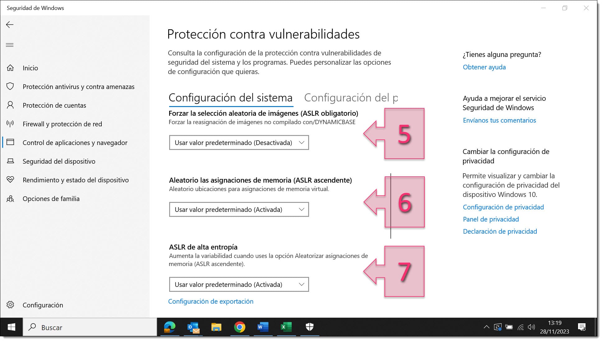 Screenshot of Exploit protection settings screen