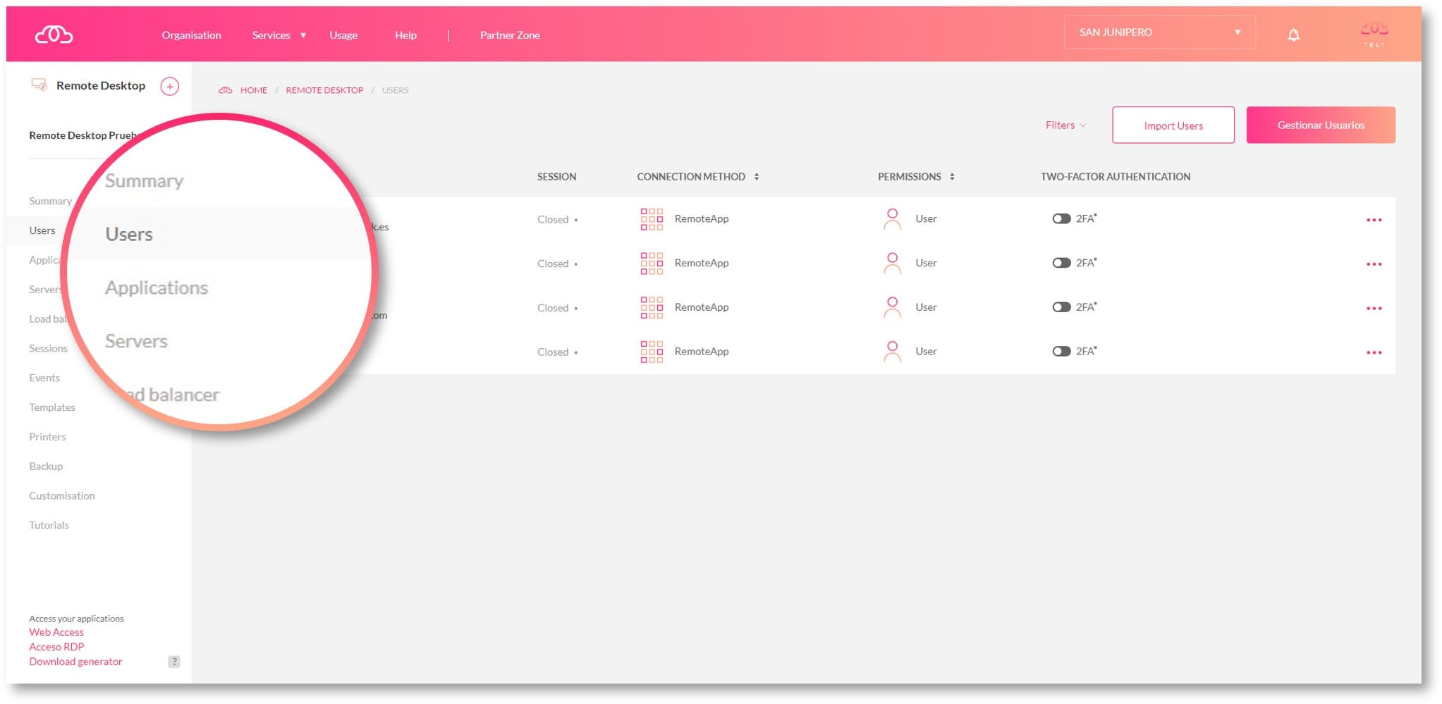 Screen for bulk importing users and configuring them on the Remote Desktop service