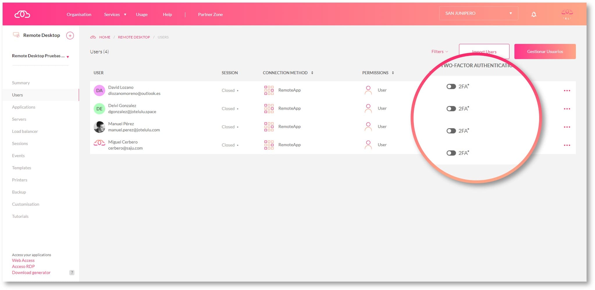 Configuración del 2FA de Escritorio Remoto