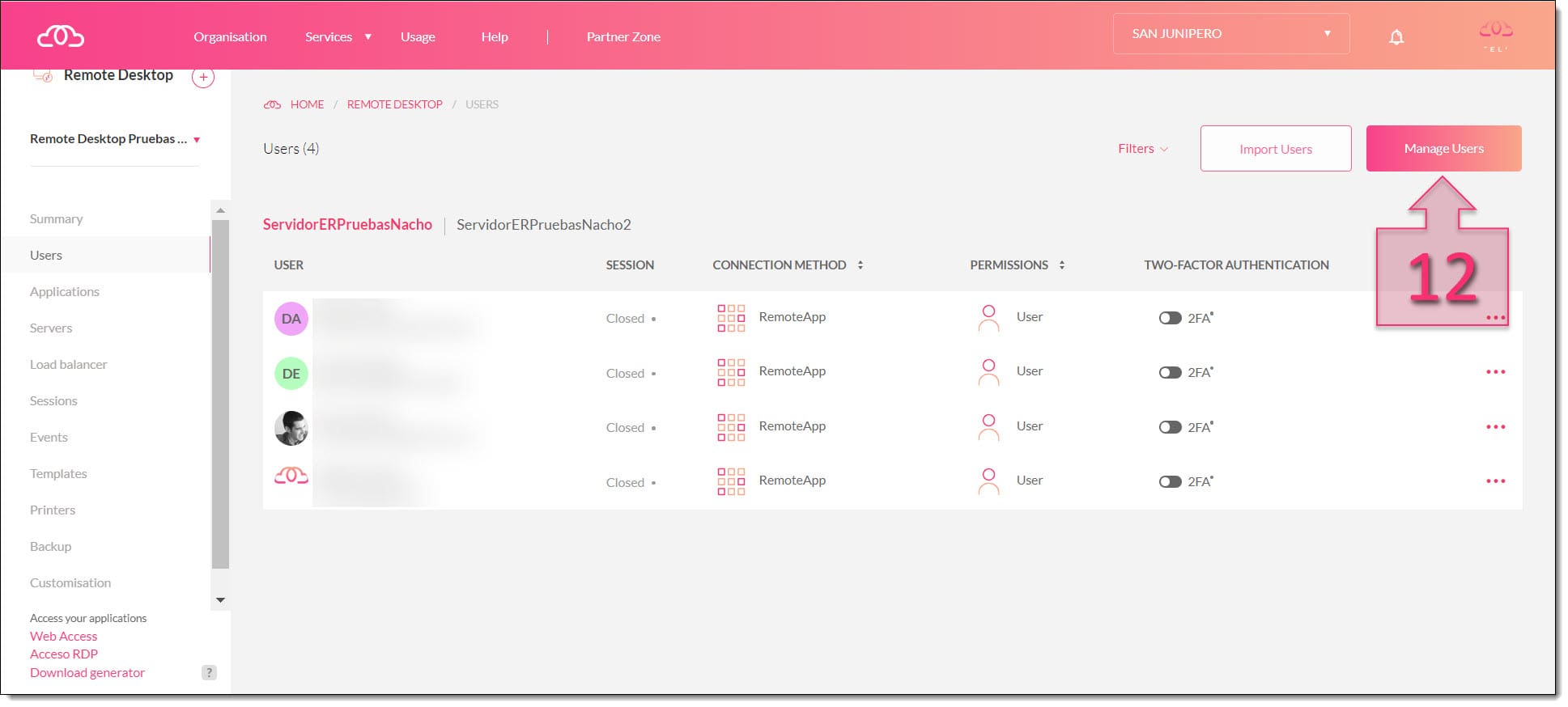 Click on Manage Users to begin assigning users the Remote Desktop service