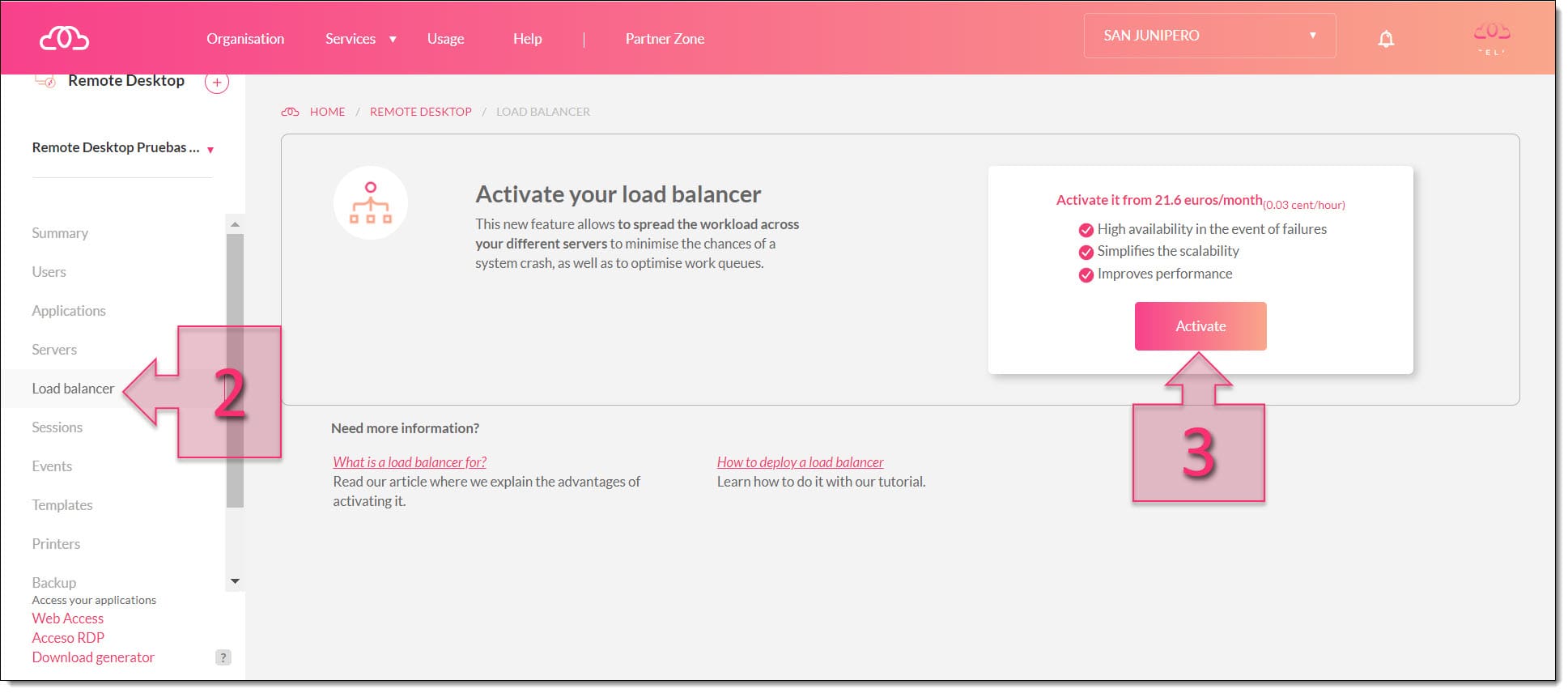 Click on "Load Balancer" and then "Activate" to begin the deployment process