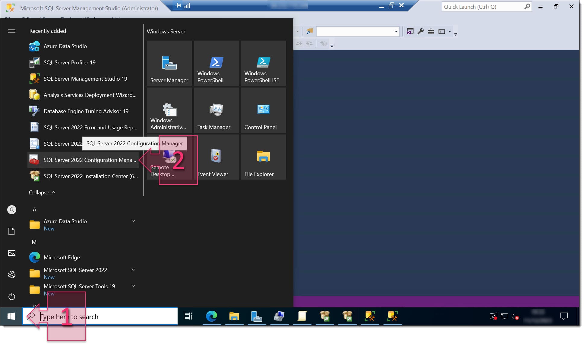 A screenshot of SQL Server Configuration Manager in the Windows start menu