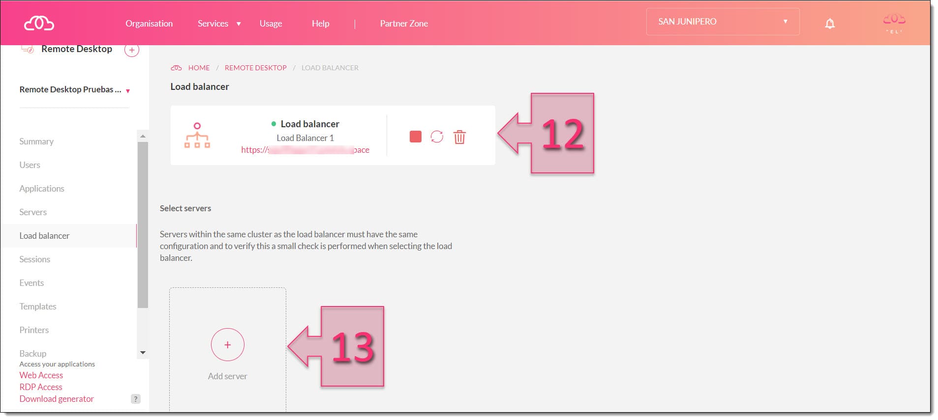 Click on "Add server" to assign the load balancer to a server