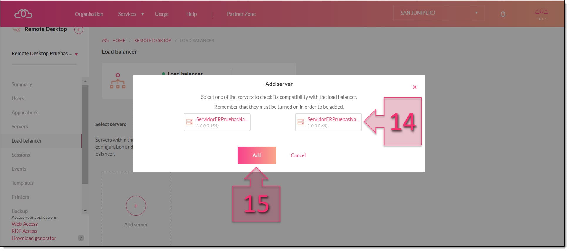 Select the server to assign your load balancer to