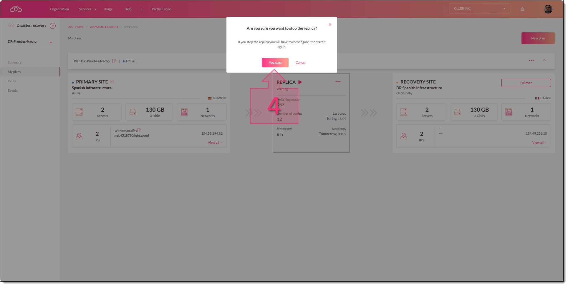 Paso 1. Confirmamos que queremos parar la replica para reconfigurar el Disaster Recovery