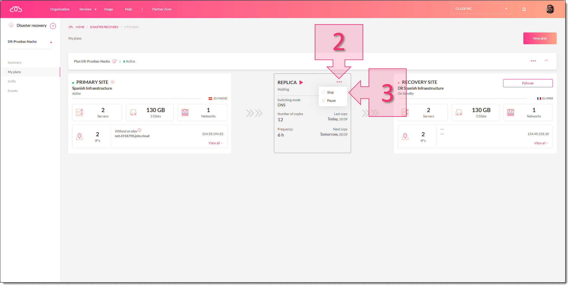 Paso 1. Paramos la réplica del Disaster Recovery