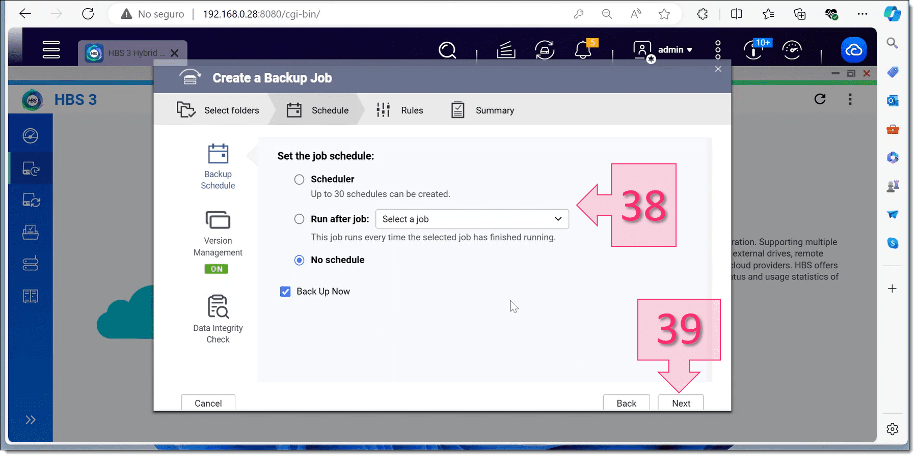 Paso 3. Seleccionamos cuando se ejecuta el backup