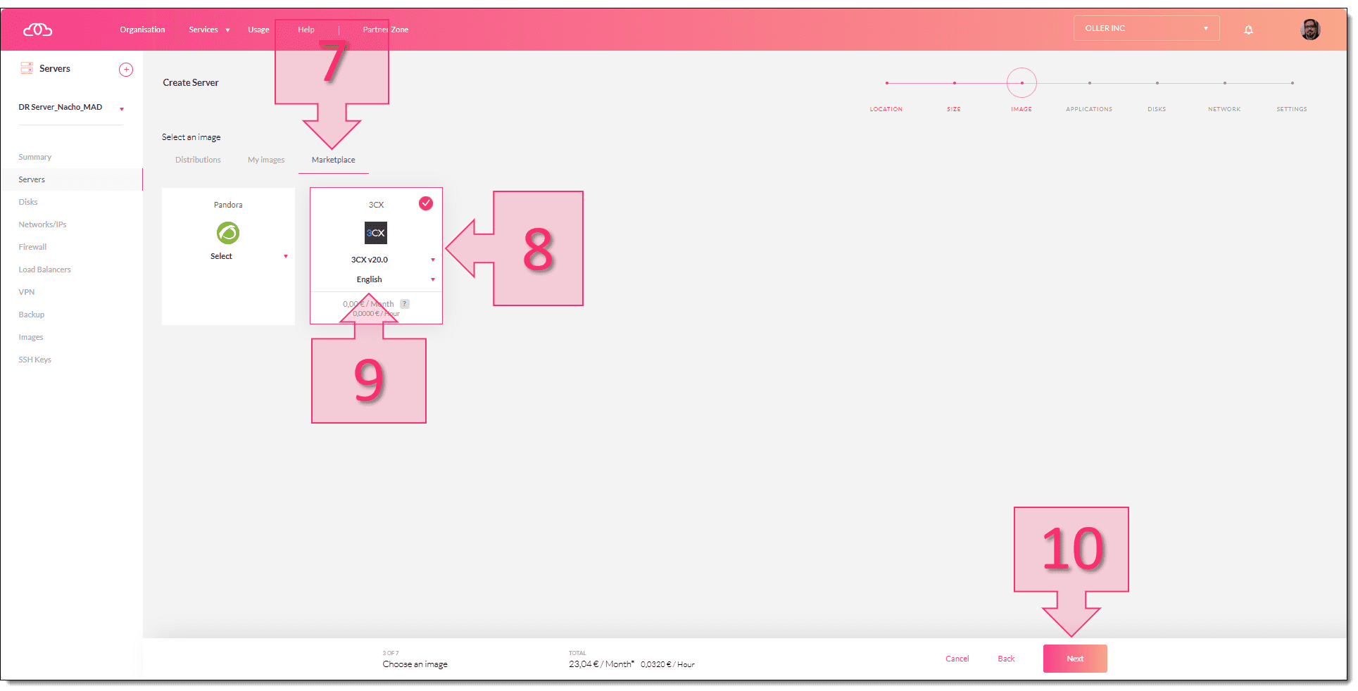 Paso 1. Seleccionamos 3cx y su idioma en el Marketplace