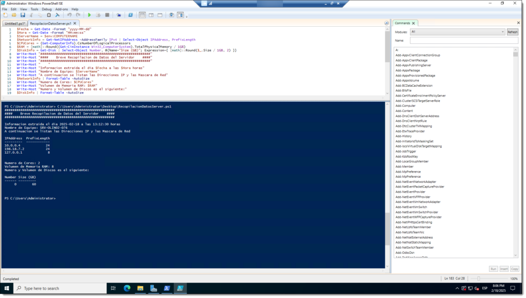 Ejemplo de ejecución del script de recopilación de datos para la migración en Windows